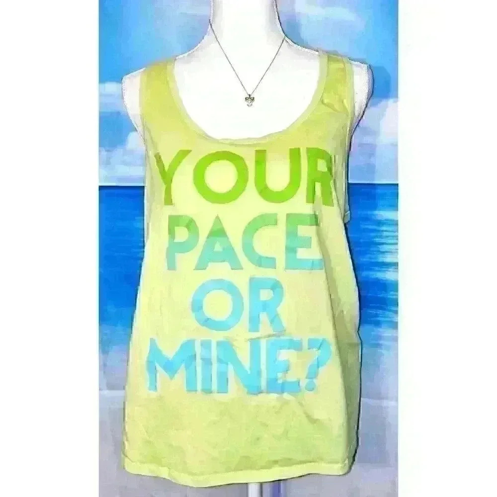 CHIN UP Woman's ATHLETIC top LEAF GREEN with printed "YOUR PACE OR MINE" size XL